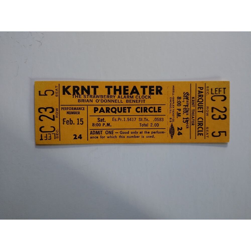 Vintage The Strawberry Alarm Clock KRNT Theater Concert Ticket Feb 15